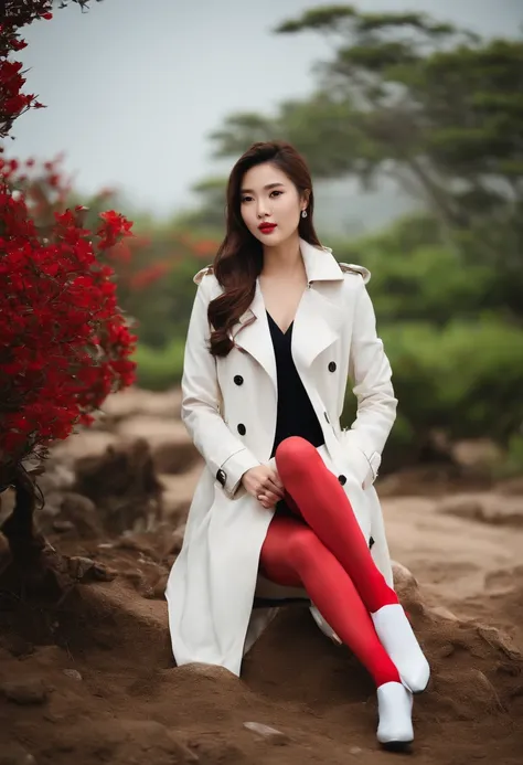 wallpaper hd，(((A Chinese 25-year-old model woman wearing a long white trench coat and red tights underneath poses for a photo))), , Long white coat，Slender and fair thighs：1.3，(((Plump breasts)))，black heels, warm color clothes, (((Realistic detail expres...