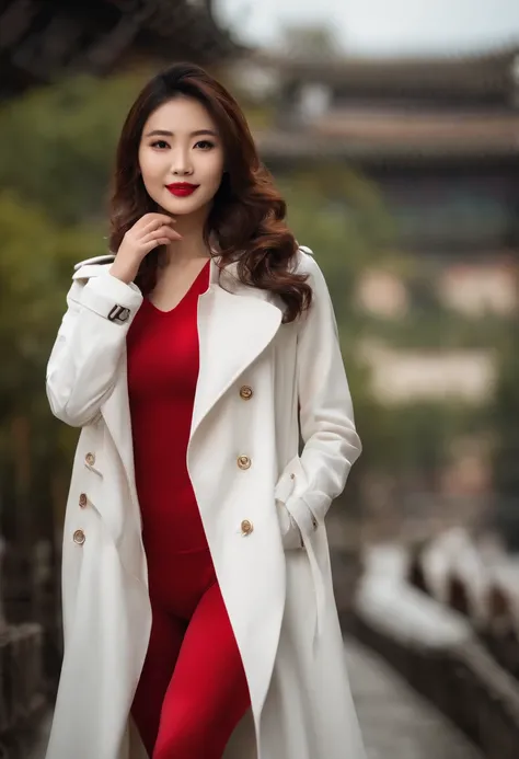 wallpaper hd，(((A Chinese 25-year-old model woman wearing a long white trench coat and red tights underneath poses for a photo))), , Long white coat，Slender and fair thighs：1.3，(((Plump breasts)))，black heels, warm color clothes, (((Realistic detail expres...