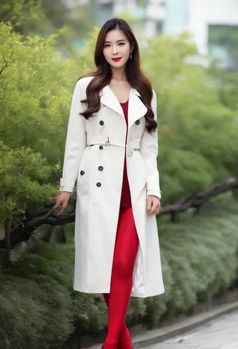 wallpaper hd，(((A Chinese 25-year-old model woman wearing a long white trench coat and red tights，posed for photo))), , Long white coat，Slender and fair thighs：1.3，(((Plump breasts)))，black heels, warm color clothes, (((Realistic detail expressions：1.3)))，...