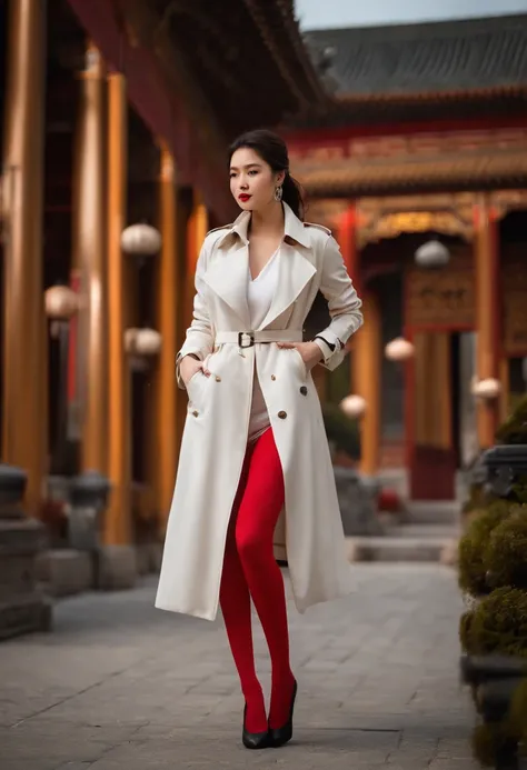 wallpaper hd，(((One was wearing a long white trench coat，Chinese 25-year-old model woman in red tights underneath，posed for photo))), , Long white coat，Slender and fair thighs：1.3，(((Plump breasts)))，black heels, warm color clothes, (((Realistic detail exp...