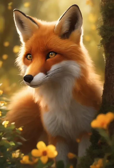 (A boy with a fox face, Detailed ears and fur, Beautiful amber eyes, playful smile, ne rien porter, debout dans un jardin luxuriant, Surrounded by blooming flowers and tall trees, Sunlight filtered through the leaves and cast a warm glow, Des couleurs vive...