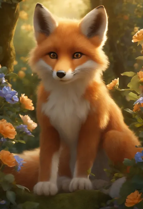 (A boy with a fox face, Detailed ears and fur, Beautiful amber eyes, playful smile, ne rien porter, debout dans un jardin luxuriant, Surrounded by blooming flowers and tall trees, Sunlight filtered through the leaves and cast a warm glow, Des couleurs vive...