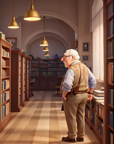 A wise old man standing in front, illuminated by the light of a lamp, against the backdrop of a library