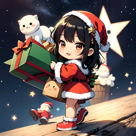 a sticker、Notch line on the outside of the sticker、Happily depict Santa Claus carrying presents on stickers、Santa is a pretty girl、Chibi Doll、Stars in the eyes（kirakira）、Eye Up、Long Black Hair、Laugh、Cute red shoes、foco nítido, Ultra Detail, radiant light、b...