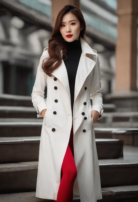 wallpaper hd，(((A Chinese 25-year-old model woman wearing a long white trench coat and red tights underneath poses for a photo))), ,Clear face，Thin lips，Lilac lipstick， Long white coat，Slender and fair thighs：1.3，(((Plump breasts)))，black heels, warm color...