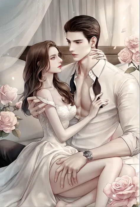 there is a man and woman sitting on a bed together, romance novel cover, in the art style of bowater, lovely couple, by Yang J, romanticism art style, by Ni Tian, trending on artstration, manhwa, exquisite digital illustration, couple pose, romance book co...