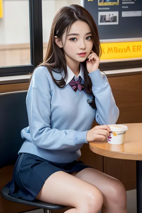 1womanl、(Super beautiful)、(beauitful face)、A detailed face、Take a seat at McDonalds、with spreading legs、(high-school uniform)、(Dark blue mini skirt)、(School Sweater)、(Wearing makeup)、Brown hair