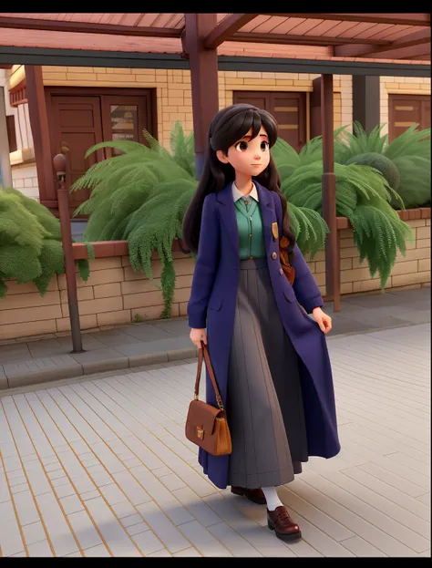 Theres a woman in a long skirt and coat walking on a sidewalk, magical school student uniform, vestido com roupas longas e fluentes, Estilo anime 3D realista, magic school uniform, Estudante realista, anime estilo 3d, vestido com roupas fluentes, uma aluna...