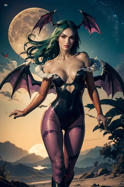 Megan Fox em Creative Artistry Print de Morrigan Aensland Personagem do jogo Darkstalkers em estilo hiper realista, with bat wings on the head, ((asas de morcego nas costas)), ((cabelo verde)), cabelo longo, black swimsuit, purple pantyhose, Beige gloves c...