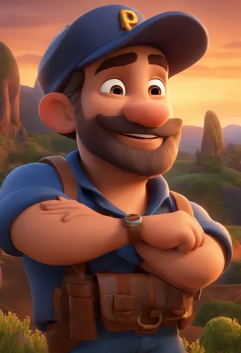 criar um personagem estilo pixar homem de 40 anos com cabelos castanhos e barba grisalhas, Navy Blue Trucker Cap, Olhos castanhos, Standing with folded arms, com sorriso. Com paisagem de campo ao fundo.