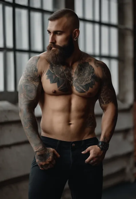 A strong man with beard and tattoo on his arms with shaved hair