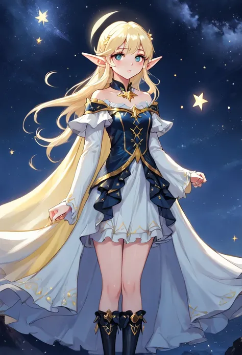 a picture of an exquisite beautiful female (wander: 1.3) (elf: 1.5) standing under the starry night sky as she slowly reaches out trying to grasp the stars, full body, an astral elf (ultra detailed, Masterpiece, best quality), ultra detailed face (ultra de...