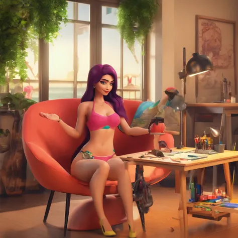 create a 3D movie poster inspired by Disney Pixar, The scene should be in Pixars signature digital art style, com uma imagem caricatural que lembra a cantora brasileira "Anita" in the prone position, Wearing a bikini while a tattoo artist is sitting tattoo...