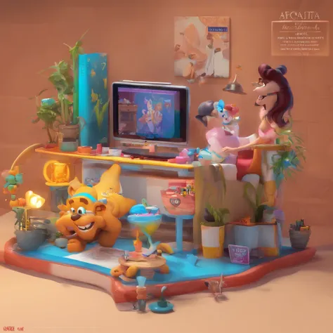 create a 3D movie poster inspired by Disney Pixar, The scene should be in Pixars signature digital art style, com uma imagem caricatural que lembra a cantora brasileira "Anita" in the prone position, Wearing a bikini while a tattoo artist is sitting tattoo...