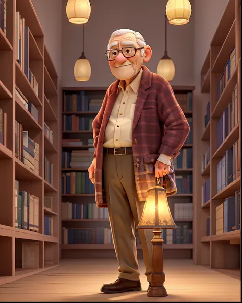 A wise old man standing in front, illuminated by the light of a lamp, against the backdrop of a library