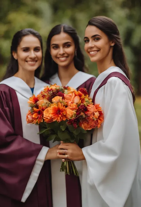 There are five people together holding a bouquet of flowers, Foto de formatura,  fami, wearing an academic gown, post graduate, foto tirada em 2023, Happy family