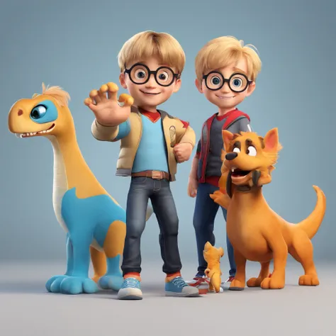 Arthur is 8 years old with blond hair with bangs combed to the side, rounded blue Harry Potter style prescription glasses, a big smile, a black shirt with a dinosaur design, jeans and Jordan sneakers and he has a white Pomeranian dog named Paco