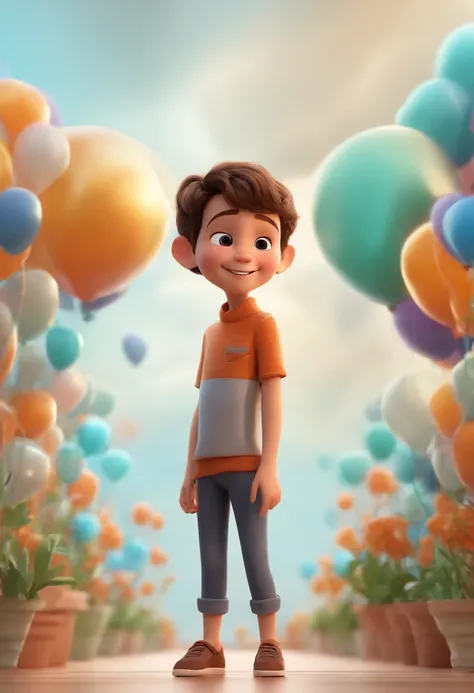 a happy cute kid standing short hair, vestindo uma fantasia espacial, , fundo branco, barnet, toon, estilo pixar, 3d, desenhos animados, rosto detalhado, asymmetrical 16k