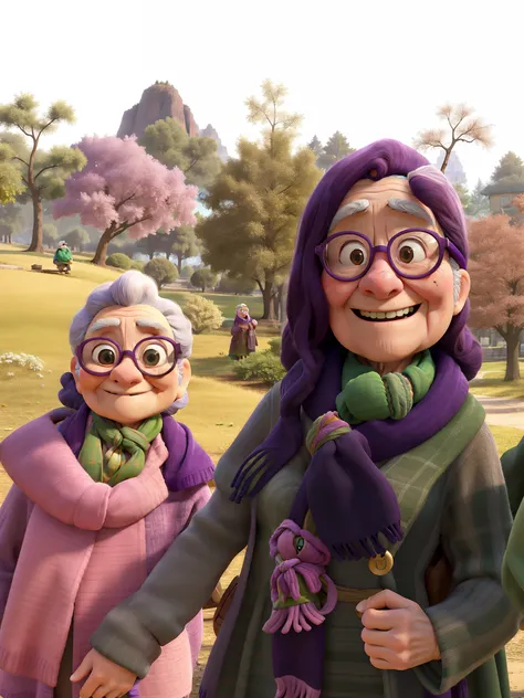 masterpiece, best quality, an old woman with glasses and a scarf on, wearing a purple coat and green scarf, standing at the park