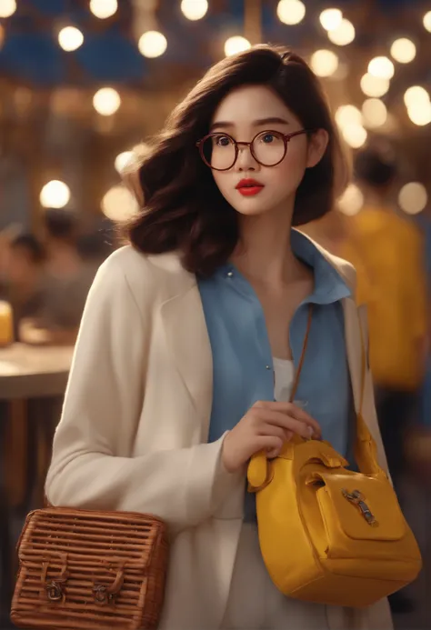 Um filme inspirado na Disney Pixar (Girl with Korean Features, Dark Wine Hair, Wearing Round Rim Glasses, Sneakers, ALL Star, Blue, Yellow and White Side Bag ) dentro A cena estar na arte distinta do estilo PIXAR, descolada e estilosa