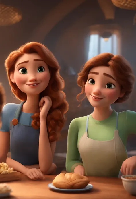 Criar uma imagem estilo Pixar de duas mulheres, One is a lady with her hair tied up, Shes wearing a light blue t-shirt and green pants, The other woman is a teenager, She has wavy hair down and is wearing a blue and white long sleeve blouse and black short...