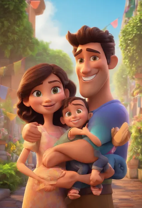 Estilo Pixar: fami, A brunette father with short dark brown hair and a strong physique , Fair-skinned mother with long light brown hair and green eyes. Uma menina de 1 ano com o cabelo na cor  escuro e o outro menino com 7 anos e com cabelo na cor castanho...