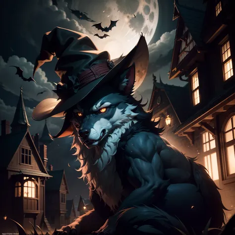 Werewolf wearing Halloween hat....，（master-piece，bestquality：1.2），Best Lights，best shadows，Show background, . . . . . . . . . . . . . . . . .bat,full big moon,Old House,stylized 3d render