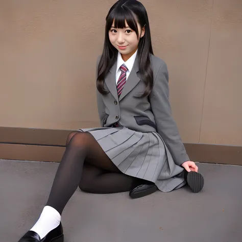 One schoolgirl showing the soles of her feet、adult-like、Stocking sole、Western-style eyes、blazers、Fashionable blouses、Ribbon Ties、Gray skirt、Black pantyhose、Long seat、Show the soles of your feet、tiptoes、A dark-haired、cute little、without shoes、Take off your ...