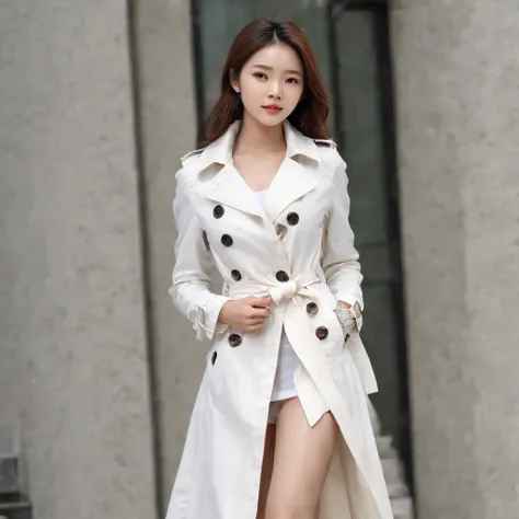 Master masterpieces，wallpaper hd，(((1 Chinese 18-year-old superb female model wearing a long white trench coat))),He wears a red shirt on his upper body，Lower body: white short skirt, black stockings，Black heels on the feet。High-definition and detailed fac...