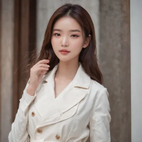 Master masterpieces，wallpaper hd，(((1 Chinese 18-year-old superb female model wearing a long white trench coat))),He wears a red shirt on his upper body，Lower body: white short skirt, black stockings，Black heels on the feet。High-definition and detailed fac...