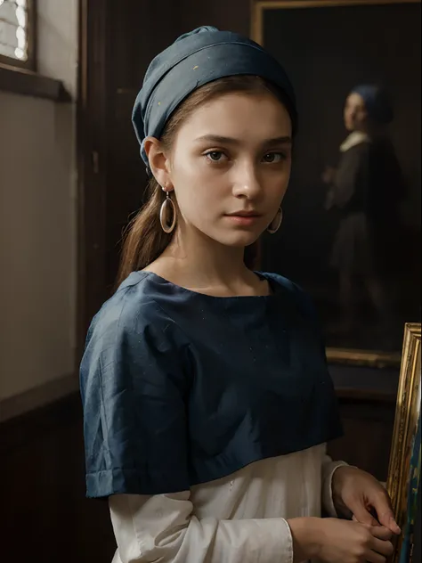 **Painting:** The Girl with the Pearl Earring by Johannes Vermeer (c. 1665)

**Description:**

A young girl stands facing the viewer, her head turned slightly to the side. She has a mysterious expression on her face, and her eyes seem to follow the viewer ...