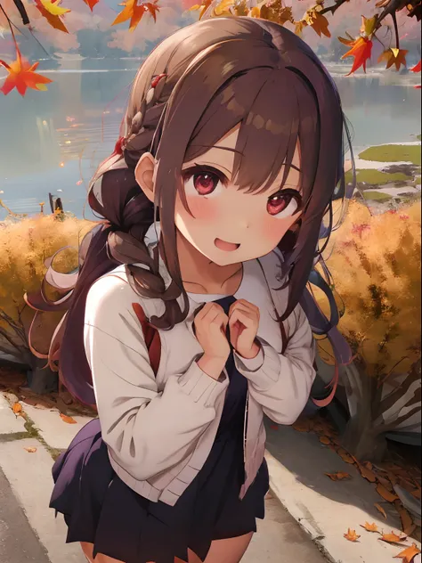 Fluffy long hair,Give bangs,Katyusha,Braids,Autumn outfit,Purple and light brown clothes,The sleeves of the clothes are a little long,Chest wide open,I can see the cleavage,Moe Sleeve,Lots of nature around the lakeside,The tree々Autumn leaves in autumn,Frui...