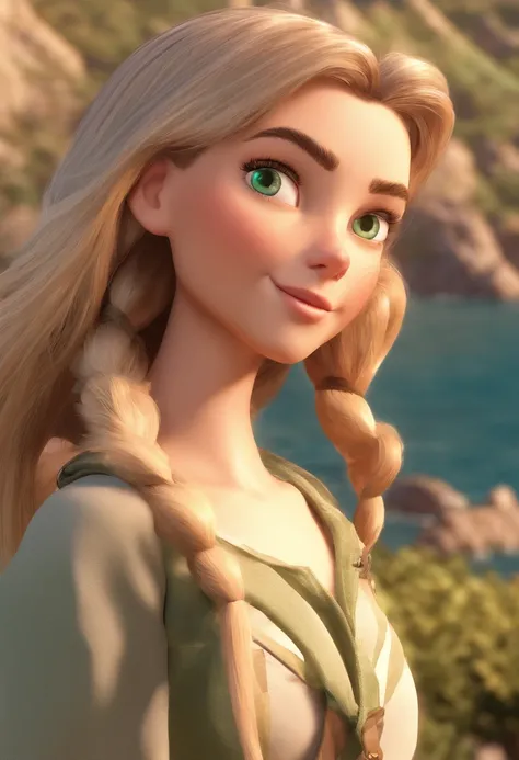 Estilo Pixar: fami, Um pai moreno com cabelos pretos curtos, cabelo estilo caesar haircut e barba curta preta, with green eyes and an average physique, Fair-skinned mother with long blonde hair and green eye, com um corpo bonito. Uma menina de 7 anos com o...