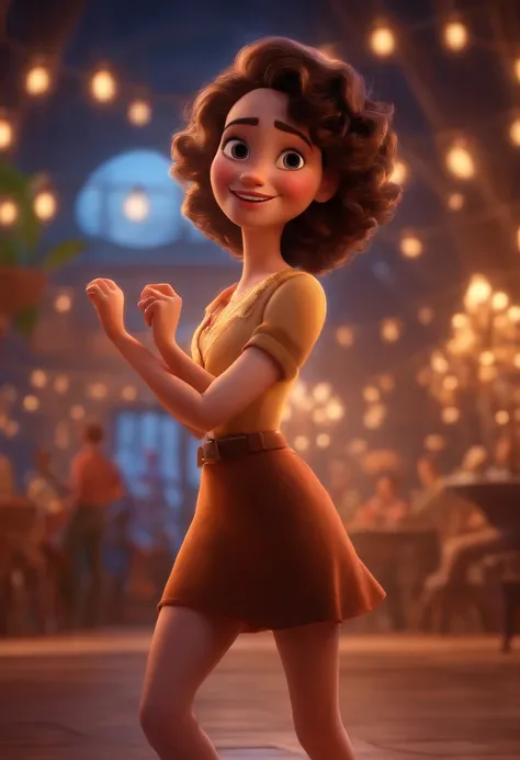 Pixar style image with 3D character white glasses brunette woman short curly hair dancing, Maquiagem Disney,Pescador, bonitinho, sorridente ,Close-up, Pixar, Disney, Cinema lighting,