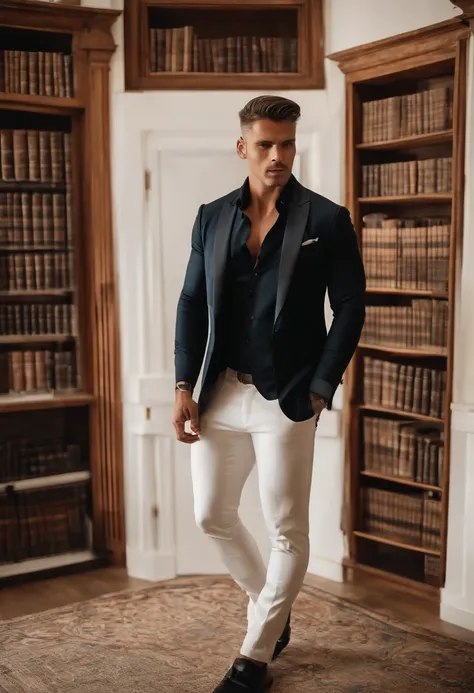 Homem lindo, Strong physique, blusa social de cor preta, Long white pants, sapatos sociais de cor preta, cabelo loiro dividido no meio, Cabelos lisos, olhos castanhos, slender appearance, elegante, Library Scenario, gravata marrom, olhar indiferente, reino...