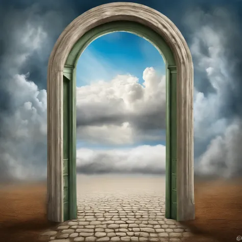 A door that leads to a cloud in the sky, nuvens hiper realistas, sol penetrando nas nuvens, Dreams invade mundane spaces, Nuvens surreais, Surrealismo!!!!, Arte surrealista, magic portal in the sky, Surrealismo caprichoso, Portal dos Sonhos, em uma nuvem, ...