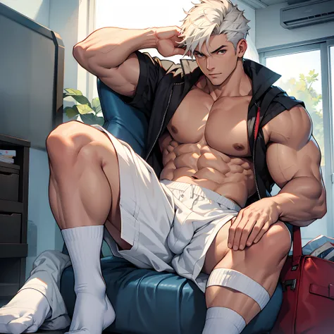 Boy, translucent tong, big chest muscles, big bag, wearing white cotton socks, half reclining, CG sense