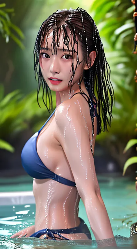 (Best Quality, masutepiece, Ultra HD: 1.3), 1womanl, （middlebreasts）, light brown hair,  Asymmetrical hair , half up ,wetting hair,（slender body shape,Constricted waist）, （Ultra Fine Face）, Delicate lips,（beautidful eyes）, thin blush, eyes are brown, （Wet ...