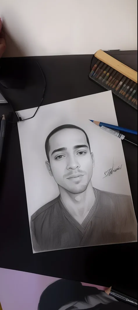 Arafed desenho de um homem com um pincel e um pincel, realistic sketch, desenho de realismo, inspirado em Ahmed Yacoubi, inspirado em Amir Zand, retrato!!!!, professional sketch, pencil draw, Realistic portrait, police sketch, imagem realista, desenho, ins...