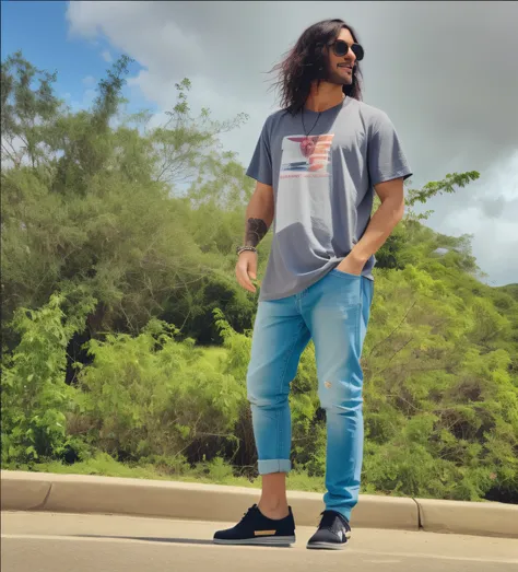 Man with long hair and sunglasses standing on a skateboard, Estilo Jayison Devadas, jeans e camiseta, com uma pose cool, standing on road, pose estilosa, estilo de roupa casual, wearing pants and a t-shirt, Directed by: Alexander Brook, in a scenic backgro...