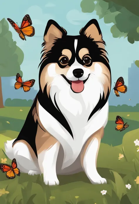 Cute looking german spitz strolling in the park, estilo cartoon, female dog with 2 months old, brown body with strip black in the back, face brown and black, chest with a small white strip. Butterflies flying around.