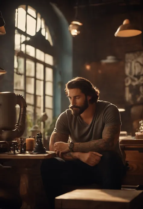 um homem, jovem , barba longa preta , olhos castanhos, cabelo raspado ,The Tattooed Arms,com fones de ouvido, A music studio in the background, Imagem no estilo Pixar, Estilo de filme animado 3D, Disney, camiseta preta