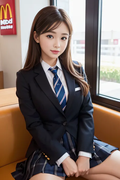 1womanl、(Super beautiful)、(beauitful face)、A detailed face、Take a seat at McDonalds、with spreading legs、(high-school uniform)、(Wearing makeup)、Brown hair