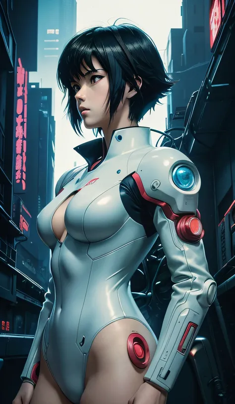 90s vintage anime style Ghost in the Shell, robotics, scifi, Futuristic, surrealism, akira style, Advance Suit, detailed line art, Fine details, Greg Lutkowski Makoto Shinkai Kyoto Animation Key Art Feminine eye-level shots --auto