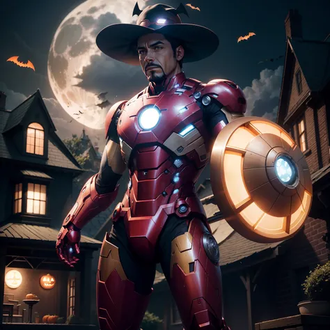 Iron Man wears a cute Halloween hat...，（master-piece，bestquality：1.2），Best Lights，best shadows，Show background, . . . . . . . . . . . . . . . .bat,full big moon,Old House,pumpkin,stylized 3d render