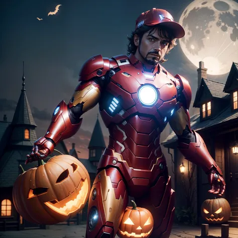 Iron Man wears a cute Halloween hat...，（master-piece，bestquality：1.2），Best Lights，best shadows，Show background, . . . . . . . . . . . . . . . .bat,full big moon,Old House,pumpkin,stylized 3d render