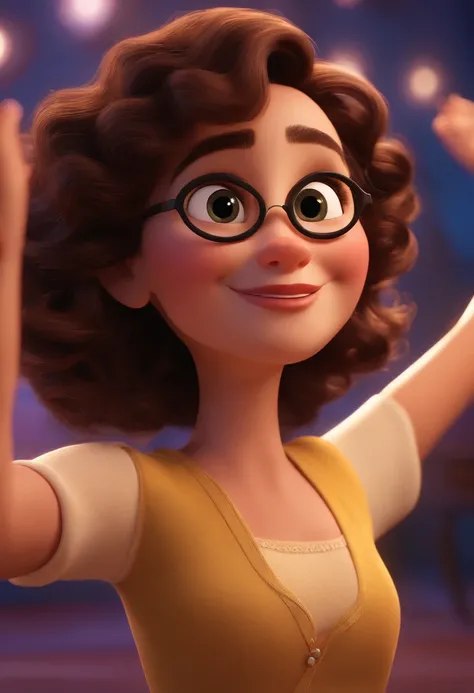 Pixar style image with 3D character white glasses brunette woman short curly hair dancing, Maquiagem Disney,Pescador, bonitinho, sorridente ,Close-up, Pixar, Disney, Cinema lighting,