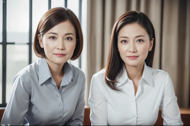 ((Best Quality, 8k, Masterpiece, Portrait: 1.3)), (looking at viewer), (close up:0.85), 8 attractive business ladies, 30 years old, 45 years old, a bit chubby:0.35, white collared shirt, grey skirt, serious, room of CEO,