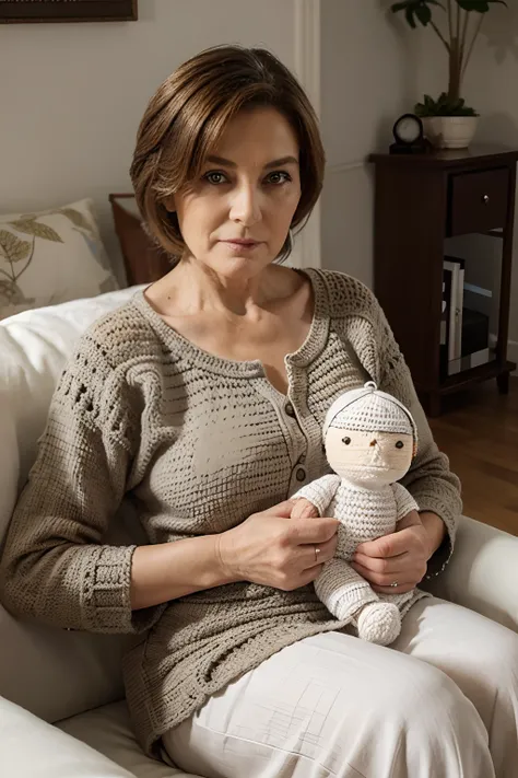 create a realistic woman over 60 years old, perfect, this woman is at home and sits following her beautiful crocheted doll that she made herself