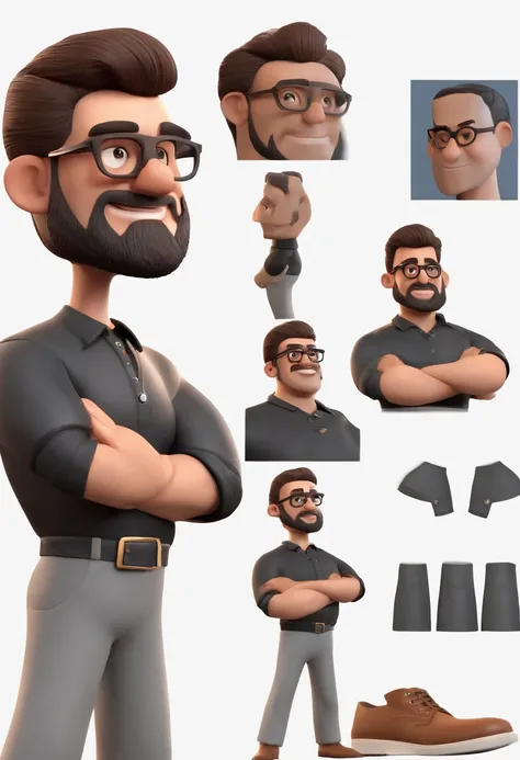 Cartoon character of a man with black glasses and a black polo shirt, cabelo liso, With beard and old school tattoo on his arm, animation character, Caractere estilizado, animation style rendering, 3D estilizado, Arnold Maya render, 3 d render stylized, to...